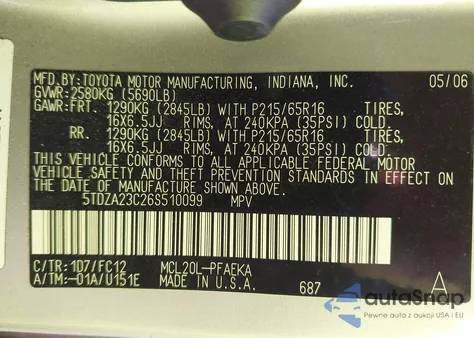 2006 Toyota Sienna Ce/Le z USA, uszkodzony, nr VIN 5TDZA23C26S510099